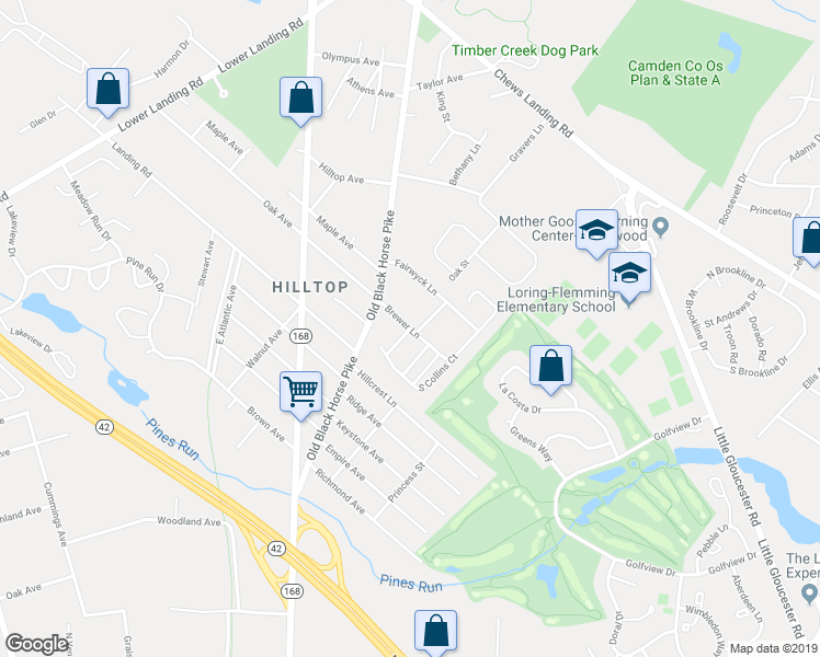 map of restaurants, bars, coffee shops, grocery stores, and more near Brewer Lane & Boxwood Drive in Gloucester Township