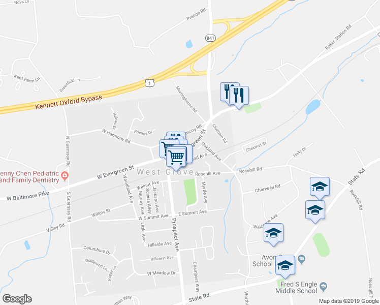 map of restaurants, bars, coffee shops, grocery stores, and more near 148 East Evergreen Street in West Grove