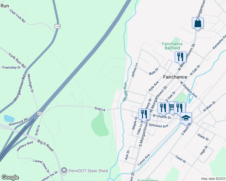 map of restaurants, bars, coffee shops, grocery stores, and more near 33 Fayette Street in Fairchance
