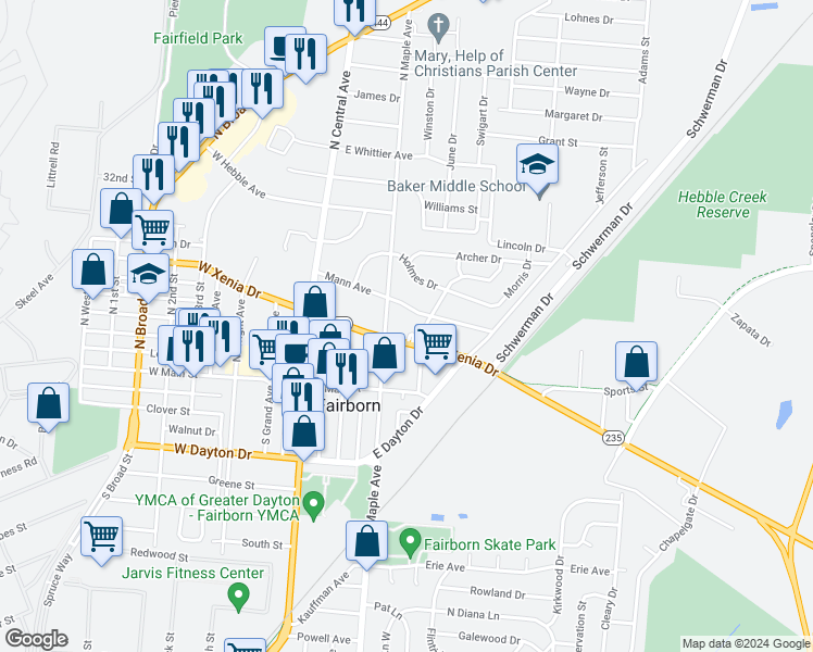 map of restaurants, bars, coffee shops, grocery stores, and more near 219 Victory Drive in Fairborn