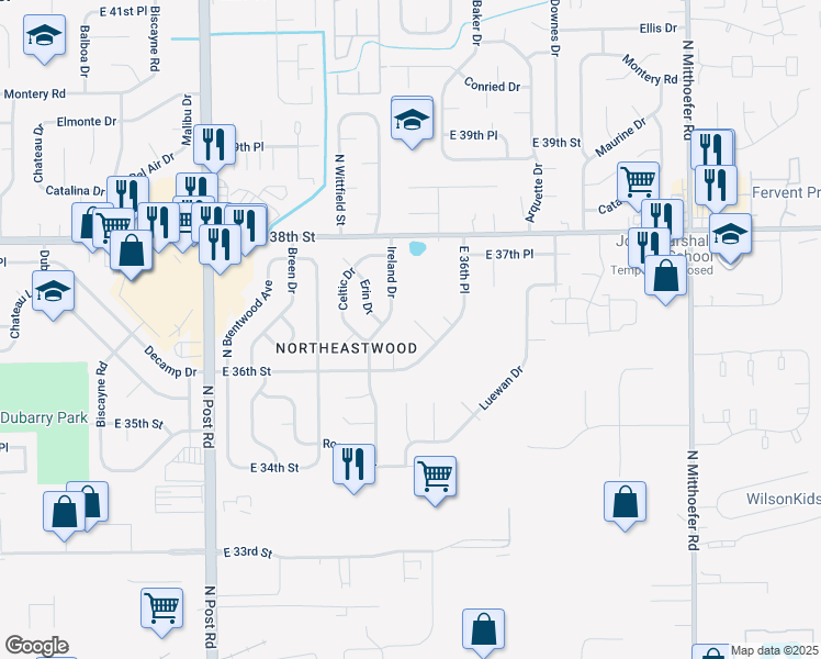 map of restaurants, bars, coffee shops, grocery stores, and more near 3657 Ireland Drive in Indianapolis