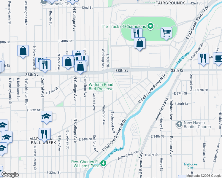 map of restaurants, bars, coffee shops, grocery stores, and more near 3696 Birchwood Avenue in Indianapolis