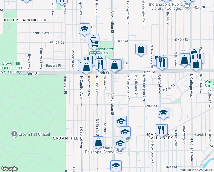 map of restaurants, bars, coffee shops, grocery stores, and more near 3736 North Meridian Street in Indianapolis