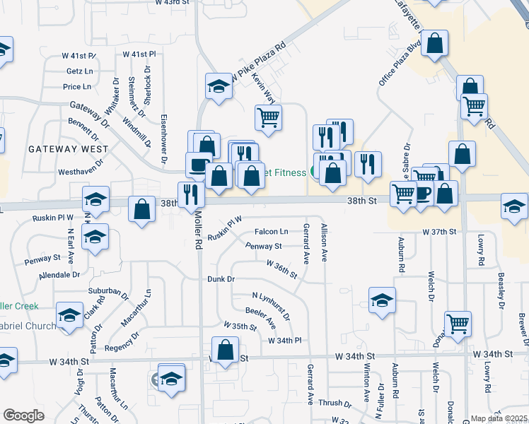 map of restaurants, bars, coffee shops, grocery stores, and more near 5323 West 38th Street in Indianapolis