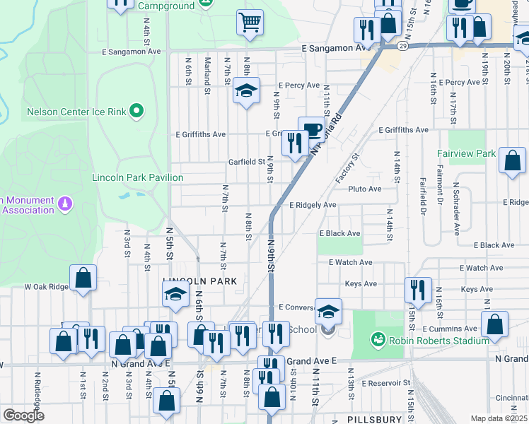 map of restaurants, bars, coffee shops, grocery stores, and more near 1701 North Peoria Road in Springfield