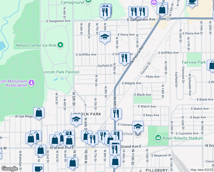 map of restaurants, bars, coffee shops, grocery stores, and more near 1630 North 8th Street in Springfield