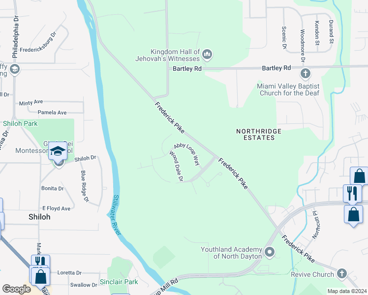 map of restaurants, bars, coffee shops, grocery stores, and more near 5383 Abby Loop Way in Dayton