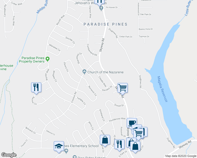 map of restaurants, bars, coffee shops, grocery stores, and more near 14161 Citadel Way in Magalia