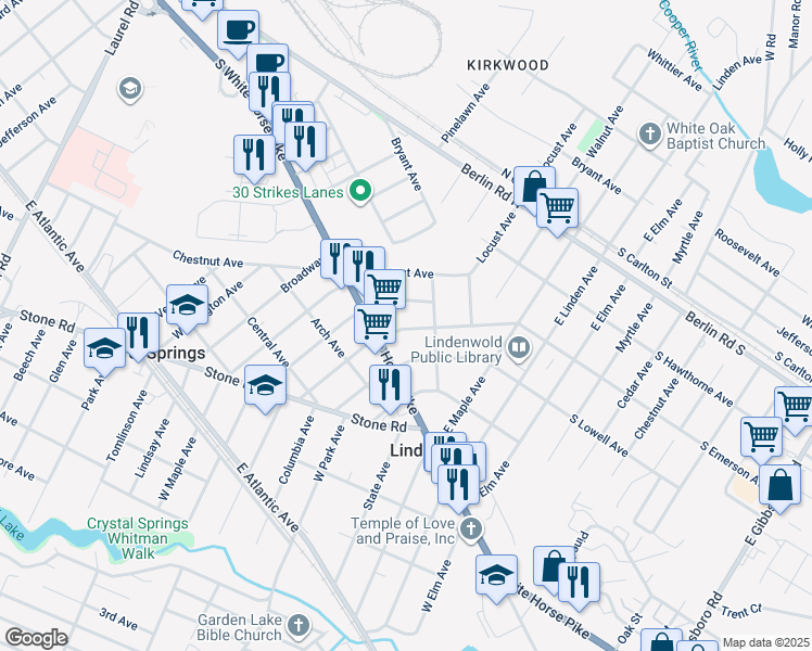 map of restaurants, bars, coffee shops, grocery stores, and more near 22 Walnut Avenue in Lindenwold