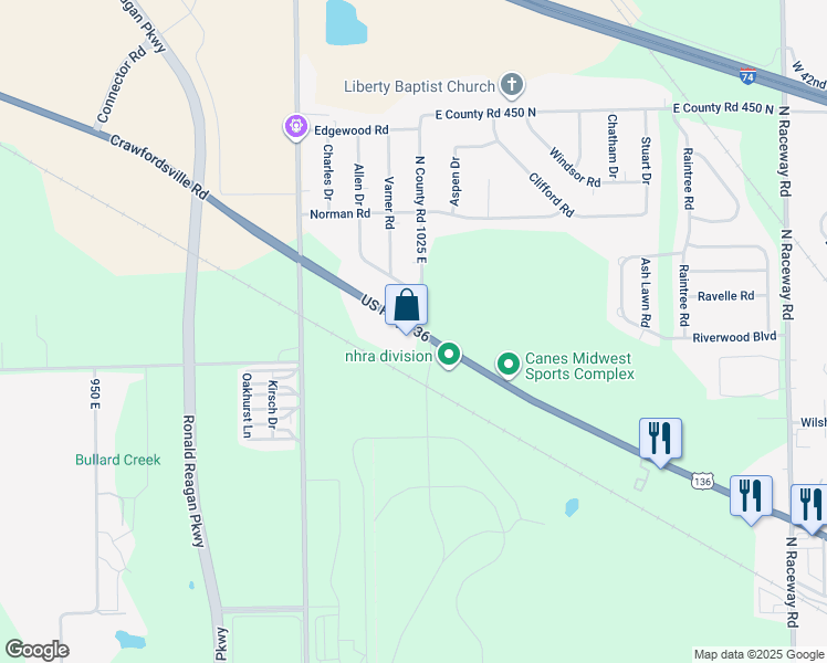 map of restaurants, bars, coffee shops, grocery stores, and more near 10249 Crawfordsville Road in Brownsburg