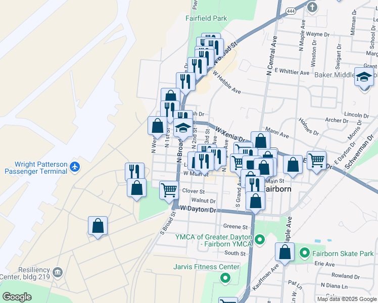 map of restaurants, bars, coffee shops, grocery stores, and more near 506 Middle Street in Fairborn