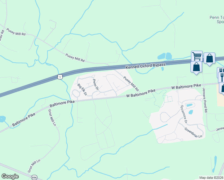 map of restaurants, bars, coffee shops, grocery stores, and more near 24 Oxford Circle in West Grove