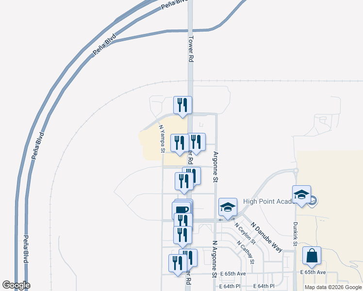 map of restaurants, bars, coffee shops, grocery stores, and more near 6951 Tower Road in Denver