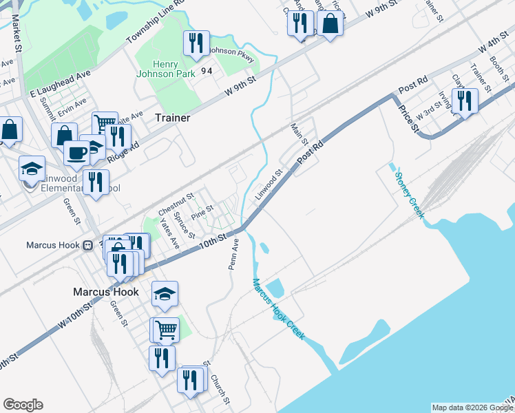 map of restaurants, bars, coffee shops, grocery stores, and more near 415 Smith St in Trainer