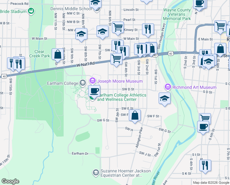 map of restaurants, bars, coffee shops, grocery stores, and more near 408 1/2 Southwest 5th Street in Richmond