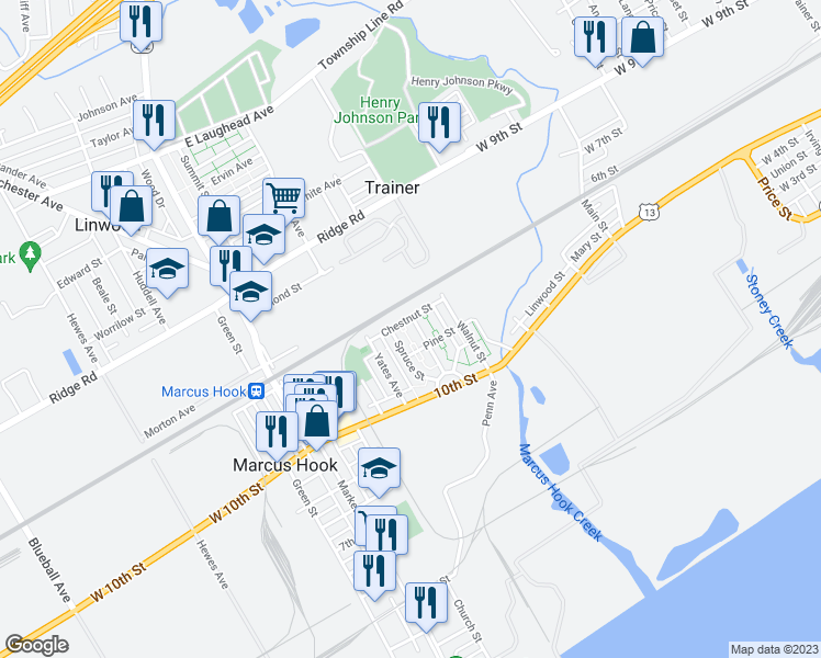 map of restaurants, bars, coffee shops, grocery stores, and more near 41 Maple Street in Marcus Hook