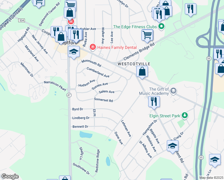 map of restaurants, bars, coffee shops, grocery stores, and more near 1040 Salem Avenue in Deptford