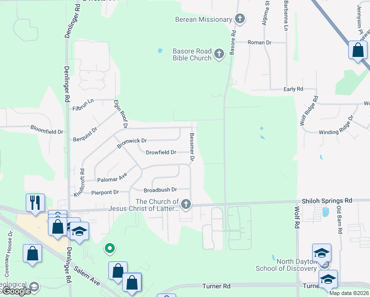 map of restaurants, bars, coffee shops, grocery stores, and more near 4267 Drowfield Drive in Dayton