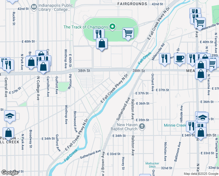 map of restaurants, bars, coffee shops, grocery stores, and more near 3680 East Fall Creek Parkway North Drive in Indianapolis