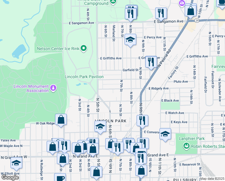 map of restaurants, bars, coffee shops, grocery stores, and more near 610 East Ridgely Avenue in Springfield