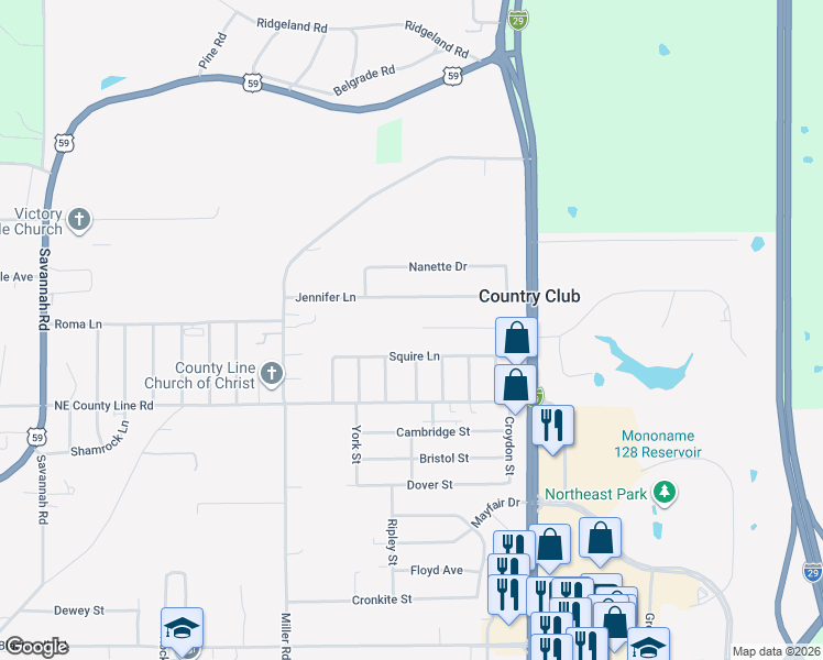 map of restaurants, bars, coffee shops, grocery stores, and more near 12 Chadwick Lane in Country Club