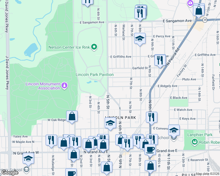 map of restaurants, bars, coffee shops, grocery stores, and more near 1638 North 5th Street in Springfield