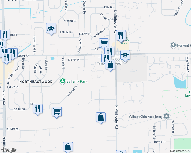 map of restaurants, bars, coffee shops, grocery stores, and more near 3651 Tudor Park Drive in Indianapolis