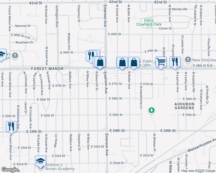 map of restaurants, bars, coffee shops, grocery stores, and more near 3637 North Emerson Avenue in Indianapolis