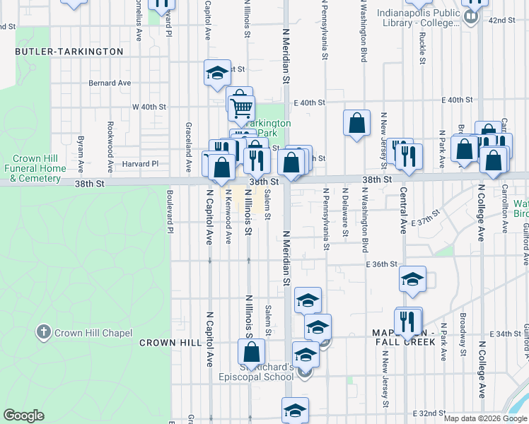 map of restaurants, bars, coffee shops, grocery stores, and more near 3734 Salem Street in Indianapolis