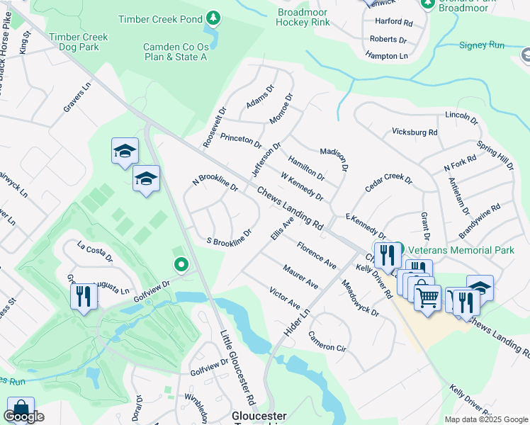 map of restaurants, bars, coffee shops, grocery stores, and more near 93 East Brookline Drive in Clementon