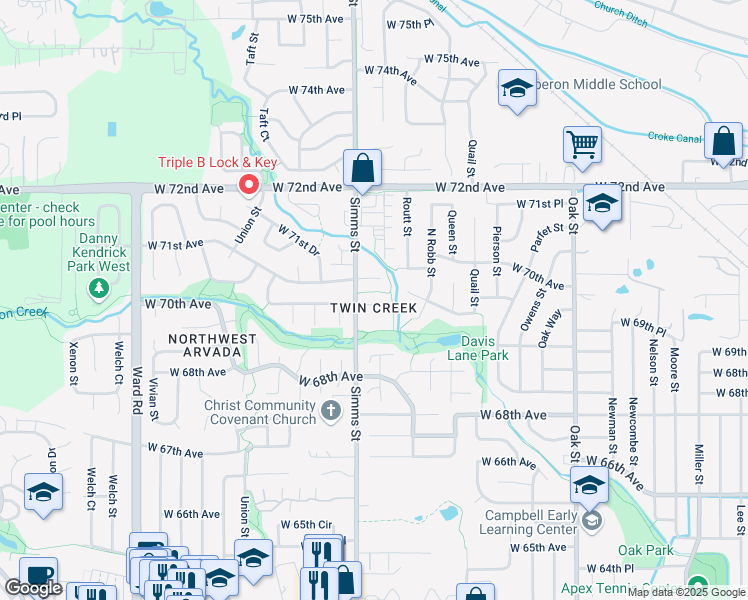 map of restaurants, bars, coffee shops, grocery stores, and more near 11555 West 70th Place in Arvada