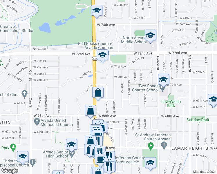 map of restaurants, bars, coffee shops, grocery stores, and more near 6962 Vance Street in Arvada