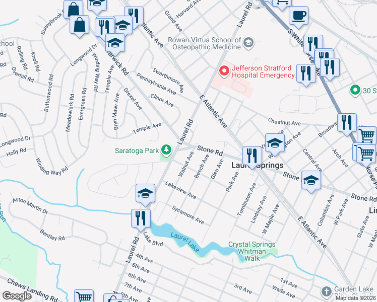 map of restaurants, bars, coffee shops, grocery stores, and more near 401 West Laurel Road in Laurel Springs