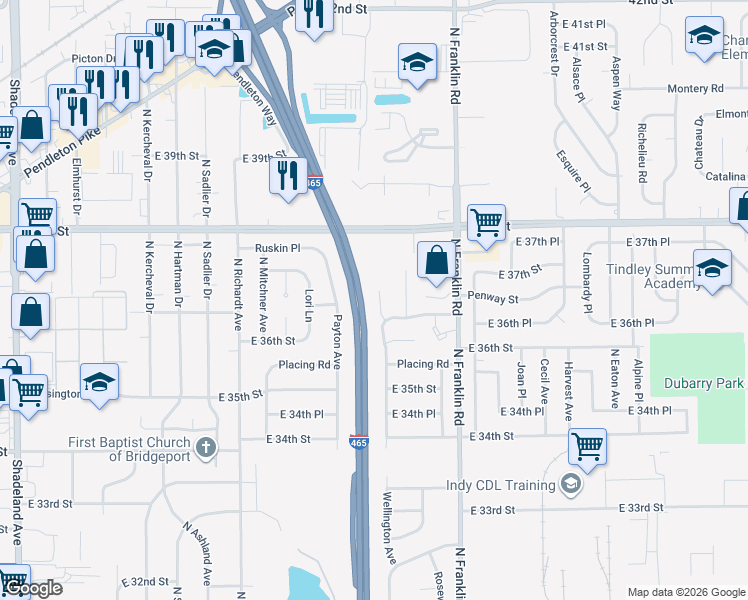 map of restaurants, bars, coffee shops, grocery stores, and more near 3720 Wellington Avenue in Indianapolis