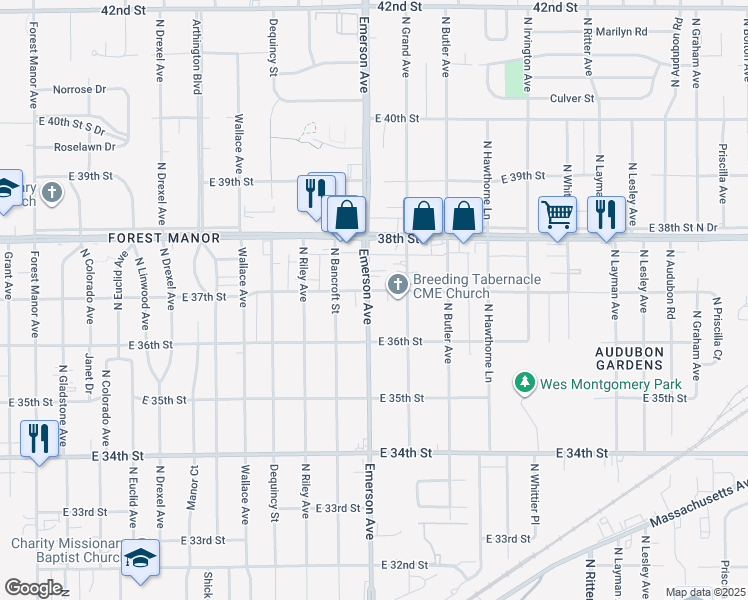 map of restaurants, bars, coffee shops, grocery stores, and more near 3637 North Emerson Avenue in Indianapolis