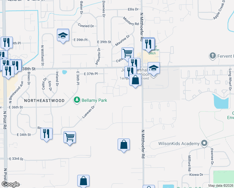 map of restaurants, bars, coffee shops, grocery stores, and more near 3651 Tudor Park Drive in Indianapolis