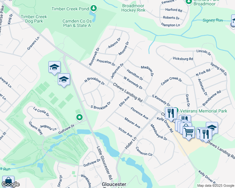 map of restaurants, bars, coffee shops, grocery stores, and more near 93 East Brookline Drive in Laurel Springs