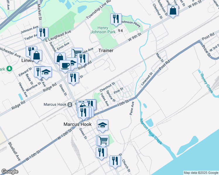 map of restaurants, bars, coffee shops, grocery stores, and more near 13 Chestnut Street in Marcus Hook