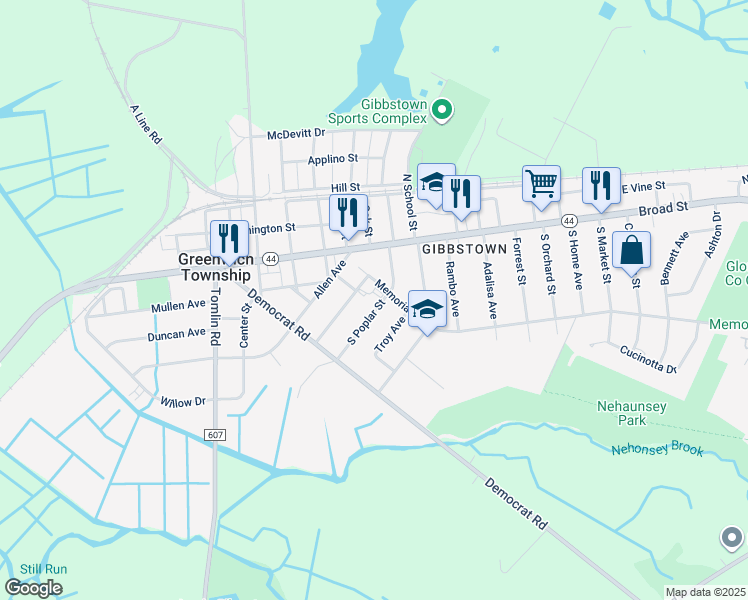 map of restaurants, bars, coffee shops, grocery stores, and more near 85 South Poplar Street in Gibbstown