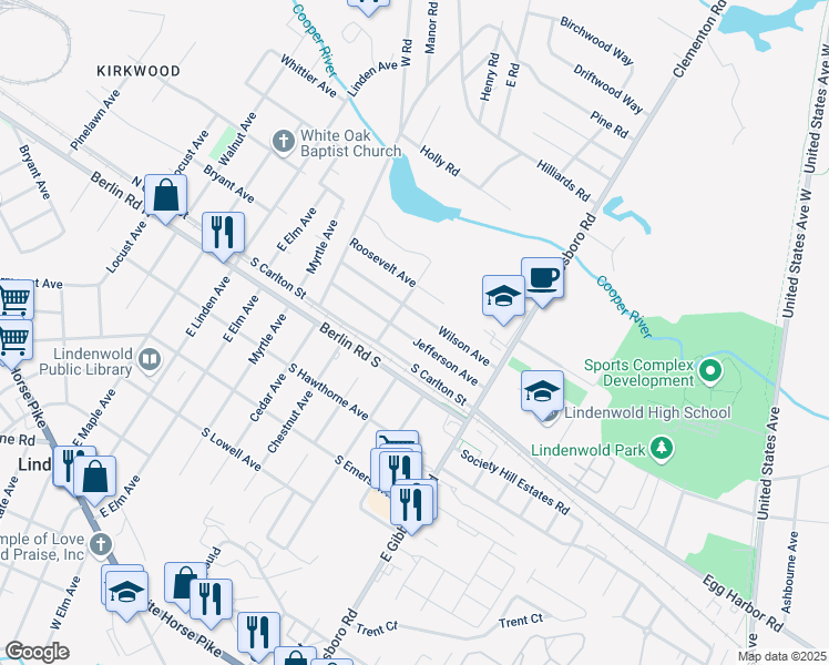 map of restaurants, bars, coffee shops, grocery stores, and more near 415 Jefferson Avenue in Lindenwold