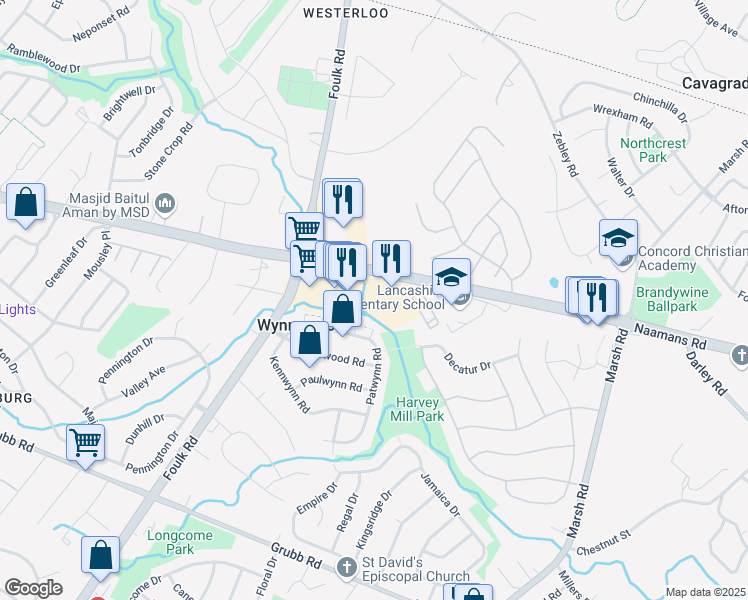map of restaurants, bars, coffee shops, grocery stores, and more near 2024 Naamans Road in Wilmington