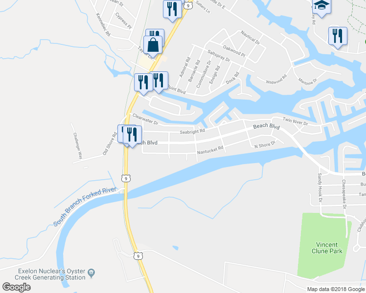 map of restaurants, bars, coffee shops, grocery stores, and more near 213 Beach Boulevard in Lacey Township
