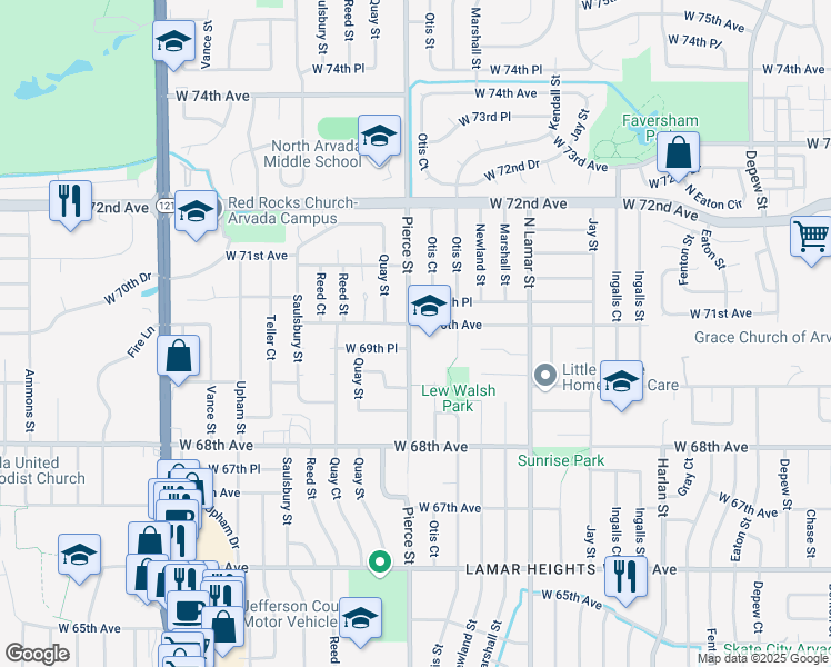 map of restaurants, bars, coffee shops, grocery stores, and more near 6990 Pierce Street in Arvada