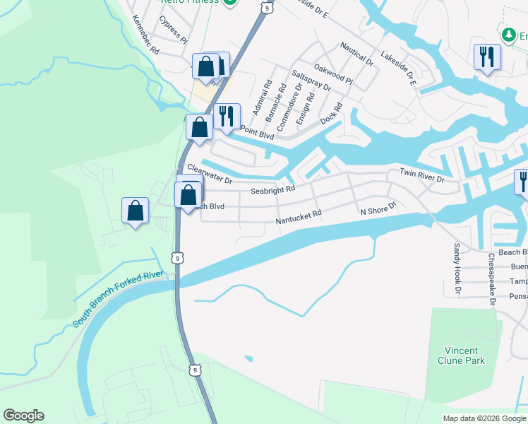 map of restaurants, bars, coffee shops, grocery stores, and more near 217 Beach Boulevard in Lacey Township