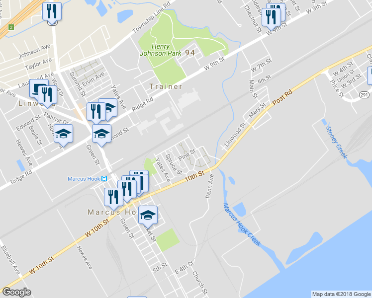map of restaurants, bars, coffee shops, grocery stores, and more near 35 Cedar Street in Marcus Hook
