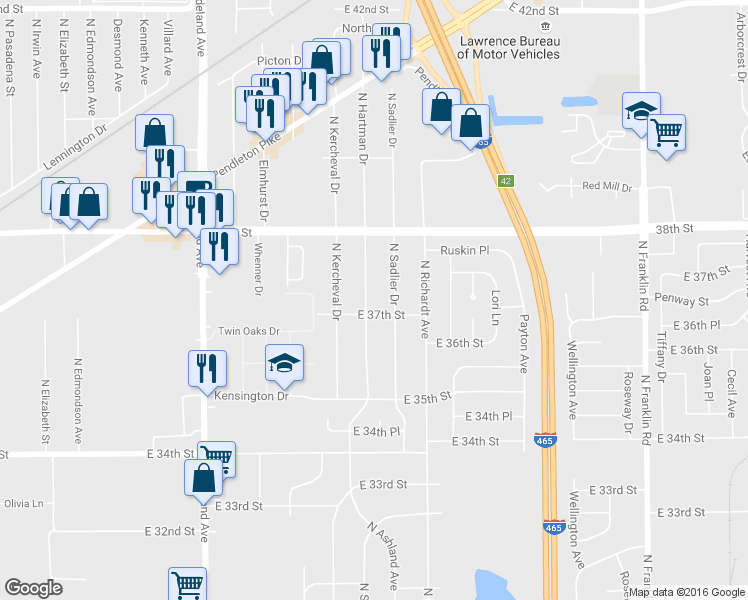 map of restaurants, bars, coffee shops, grocery stores, and more near 3707 North Hartman Drive in Indianapolis