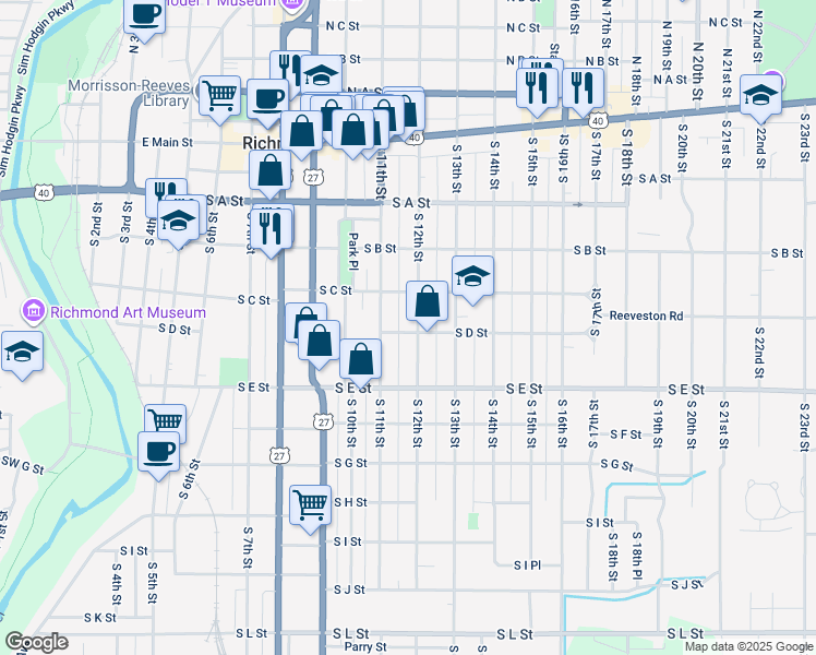map of restaurants, bars, coffee shops, grocery stores, and more near 330 South 12th Street in Richmond