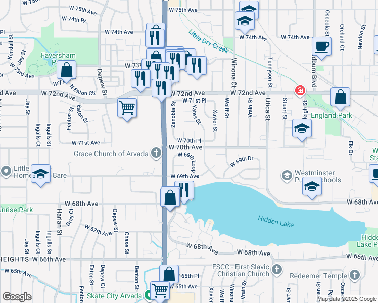 map of restaurants, bars, coffee shops, grocery stores, and more near 5081 West 69th Loop in Westminster