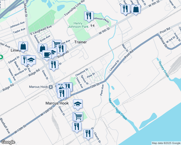 map of restaurants, bars, coffee shops, grocery stores, and more near 35 Cedar Street in Marcus Hook