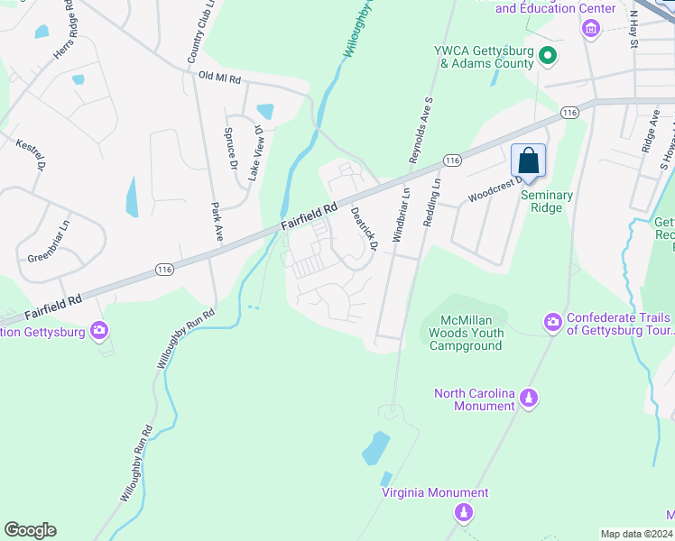map of restaurants, bars, coffee shops, grocery stores, and more near 9 Ivy Lane in Gettysburg